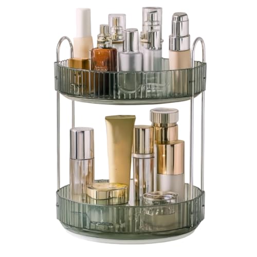 Round Cosmetic Organizer Tray with Metal Handles, Storage Tray (Green, 2 Layer)