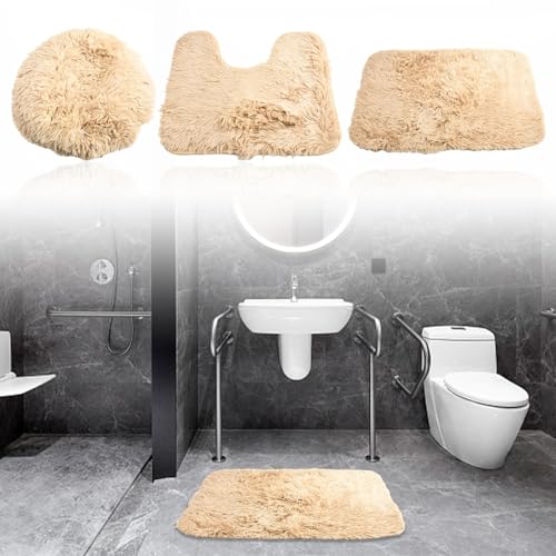 Juego de 3 tapetes de baño de felpilla antideslizantes, gruesos, absorbentes, peludos, suaves, lavables y de secado rápido, en forma de U, para baño, cocina, inodoro y bañera (color caqui)