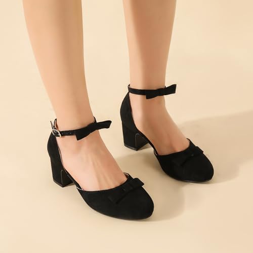 Women's Bow Closed Round Toe Ankle Strap Pumps D'Orsay Low Block Chunky Heels Elegant Wedding Bridal Party Dress Shoes4