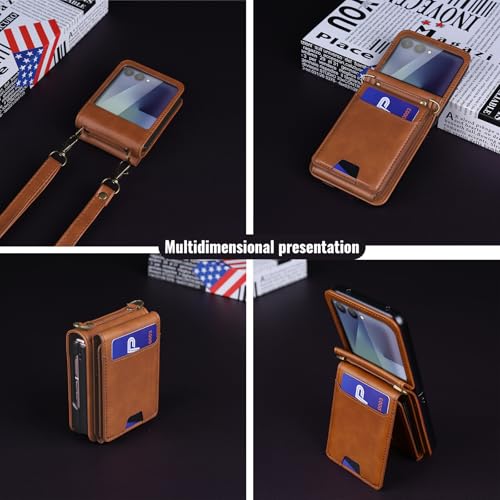 ASAPDOS for Samsung Galaxy Z Flip 7 PU Leather Wallet Phone Case with Card Slots (Holds 5-7 Cards), Anti-Drop Protection, Wrist & Shoulder Strap Brown by ASAPDOS - Used condition - Image 3