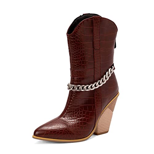 Bottines à talons épais et bout pointu en cuir de mode avec détails de chaîne exclusive