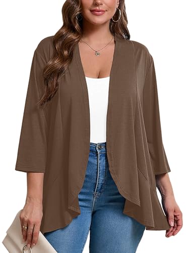 AusLook Women's Plus Size 3/4 Sleeve Lightweight Open Front Cardigan Coffee 4X Draped Ruffles Causal Cover Ups Shrugs Tops Shawls and Wraps Kimono Jacket Coat