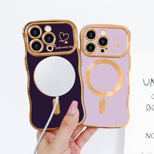 LCHULLE for iPhone 15 Pro Case for Women Girls [Compatible with MagSafe] Cute Curly Wave Shape, Magnetic Love Heart Pattern with Camera Lens Cover Luxury Plating Shockproof Phone Case, Dark Purple by LCHULLE - Used condition - Image 8