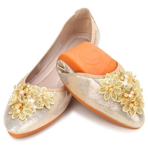 KUNWFNIX Women's Ballet Flats Foldable Classic Crown Rhinestone Slip On Flowers PU Leather Pointed Toe Comfort Flat Casual Dress Shoes