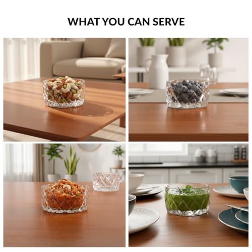 Image of Nestasia Small Glass Chutney Bowls Set of 6 (160ml Each) - Heat Resistant & Chip Resistant Ice Cream Bowls for Dips, Sauce & Pickles | Diamond Cut Transparent Katori with Gift Box - Ideal for Gifting