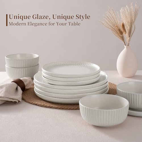 Image of Famiware Starlight 12-Piece Plates and Bowls Sets for 4, Stoneware Dinnerware with Ribbed Textured, Handcrafted Reactive Glaze Dishes - Dishwasher & Microwave Safe, Chip /Scratch Resistant, Matte White