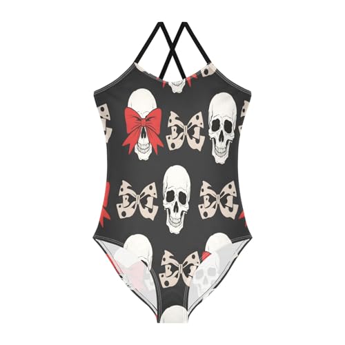 Skull Bow Pattern Girls One-Piece Swimsuit Quick Dry Beach Swim Bathing Suit