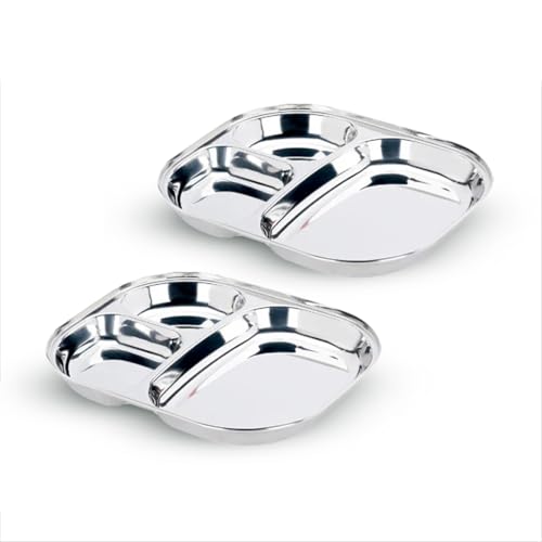 Image of Vinod Brand Stainless Steel 3-Compartment Plate /Heavy Guage Pav Bhaji Plate /Idli Sambhar Breakfast Plate /Stainless Steel Plates for Lunch /Dinner, Set of 02