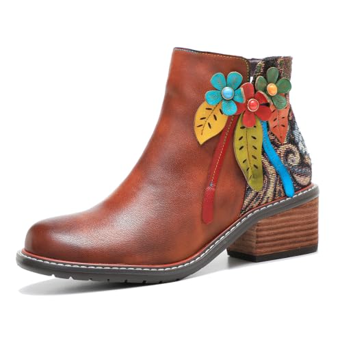 Bottines à talon bloc femme avec fermeture éclair bottines patchwork peintes à la main