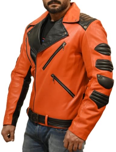 Men's Classic Black and Orange Genuine Leather Biker Motorcycle Rider Jacket2