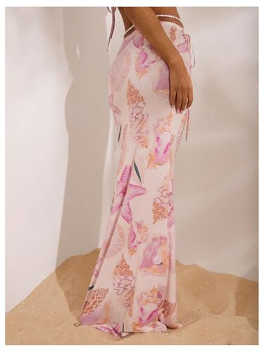 MakeMeChic Women's Summer Starfish Print Maxi Skirt Ruched Drawstring Bodycon Skirts2