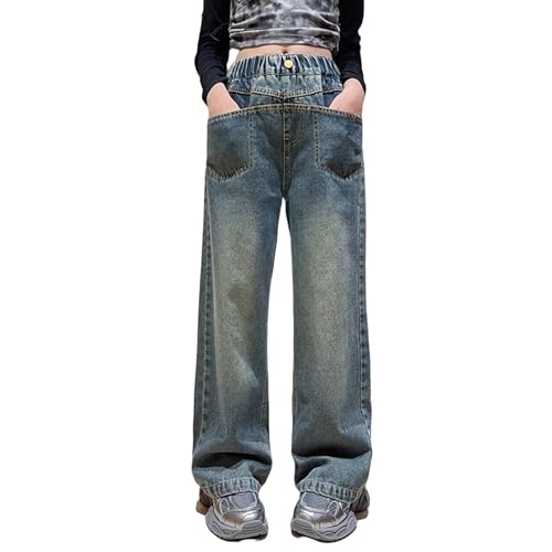 Girls Baggy Jeans Distressed Washed Straight Wide Leg Denim Pants Loose Fit Floor Length Pants with Pockets Trouser