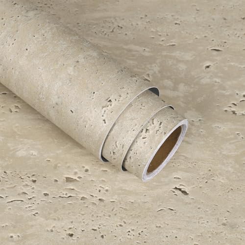 VaryStyle 15.7"x393" Aged Beige Marble Contact Paper for Countertops Waterproof Travertine Stone Wallpaper Peel and Stick for Kitchen Counter Top Covers Self Adhesive Renter Friendly Marble Wall Paper