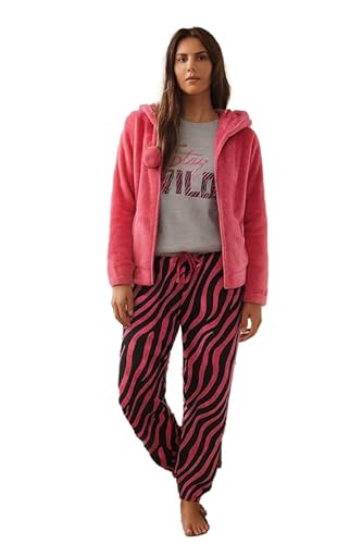 UC Ex High Street Brand 3 Piece Ladies Pyjamas, Fleece Womens Pyjamas Cotton Pjs for Women Sets Floral Zebra Print Lounge Wear Sets for Women UK Pink