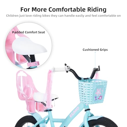 Image of KEANO Zinnia 14 16 20 Inch Kids Bike for Girls Ages 3-10 Years, Girls' Bikes with Training Wheels, Streamers, Basket and Doll Seat, Children Bicycles