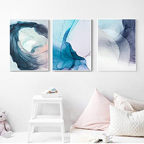 Aquarelle bleu encre abstraite pour décor salon nordique triptyque mural 60x80cm