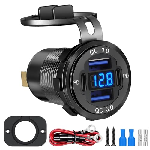 Linkstyle USB Car Charger Socket, Dual 30W PD & Dual 18W QC3.0 USB A Ports Charger Power Outlet Panel with LED Voltmeter for 12V/24V RV Boat