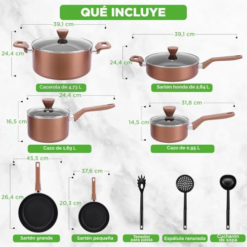 Miniatura 3 de Nutrichef Bateria De Cocina, 13 Piezas, Tapas Antiadherentes, Resistentes Al Calor, Cacerola, Sartenes, Ollas, Cazuela, Cucharon, Tenedor Y Colador, Color Marron