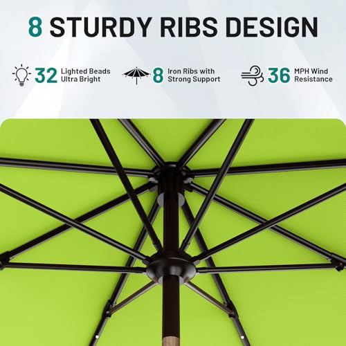 Image of AreShark 9FT Patio Umbrella with Solar Lights, 32 Lighted Pool Umbrella w /Tilt and Crank, Outdoor Market Solar Umbrellas for Garden, Deck, Backyard, Pool and Beach, Apple Green