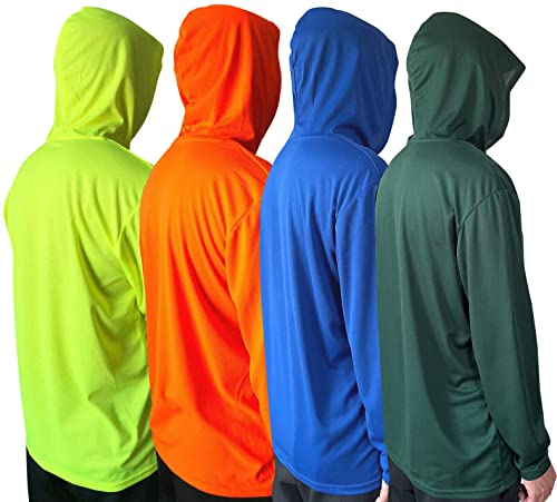 Men UPF 50+ Sun Protection Breathable T Shirt Long Sleeve Workout T-Shirts with Hood (4Pcs Mix (Yellow/Orange/Blue/Green), L)