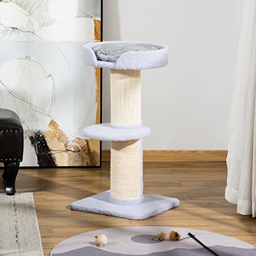 PawHut Árbol Rascador para Gatos - Torre de 3 Niveles con Nido y Poste de Sisal 45x45x91 cm Azul Claro - imagen 2