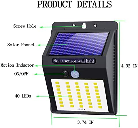 LAVAED 4 Packs 40 LEDs Solar Wall Lights Outdoor,Solar PIR Motion Sensor Security Light for Garden Fence Patio Garage Backyard