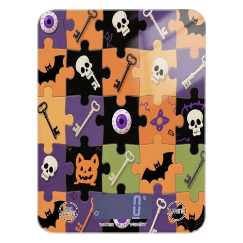 Easy Clean - Báscula digital pequeña de alimentos de 11 libras/1 onzas, 5 kg/5 g, rompecabezas colorido de Halloween de murciélagos de calavera, báscula pequeña de cocina, gramos con 4 unidades para