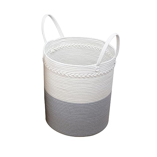 OLSKFUH Cesta De Lavandería De Algodón Tejido, Cesta De Almacenamiento Redonda para El Hogar, Cesto para Ropa De 18,9 Pulgadas De Alto con 2 Asas,Grey-L