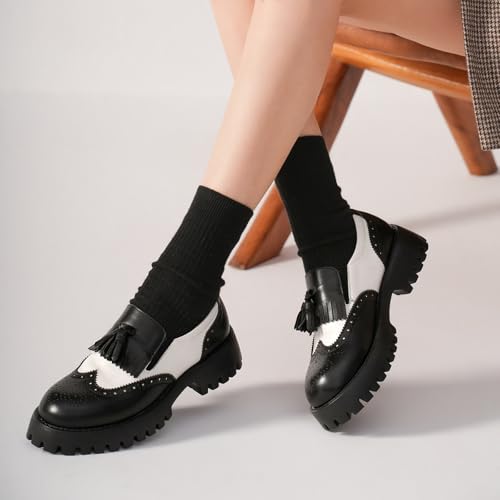 Image of BEAU TODAY Chunky Loafers for Women, Women's Leather Platform Loafers, Lug Sole Tassel Slip On Loafers Shoes Brogues Wingtip Casual Business Shoes Comfortable Dressy