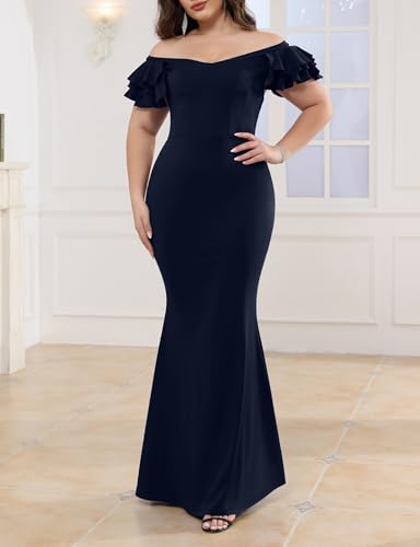 Image of Ekaliy Women's Plus Size Maxi Dress Elegant V-Neck Ruffle Sleeves Bodycon Mermaid Evening Gown