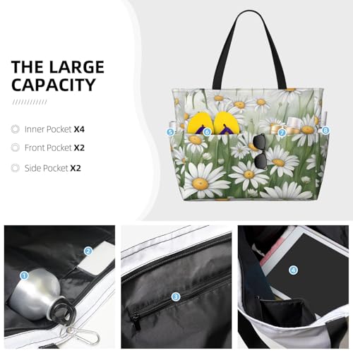 White Daisy Print Waterproof Beach Bag For Womentote Bag Zipper And Pockets For Travel Vacation3