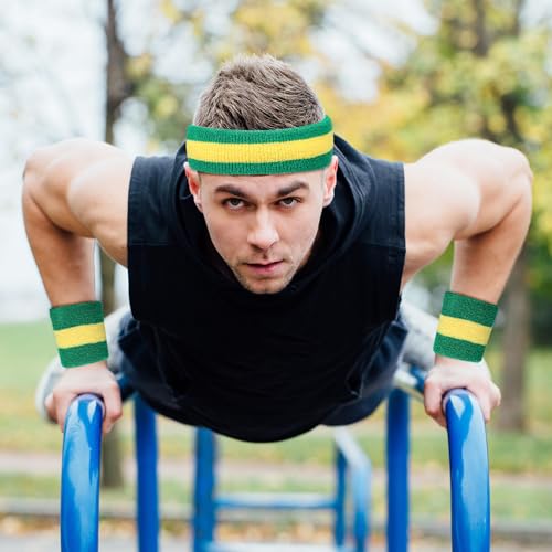 Image of Eurzom 36 Pcs Neon Sports Sweatbands Set Include 12 Striped Sweat Absorbing Headbands 24 Wristbands Athletic for Men Women Basketball Tennis Running Glow Party