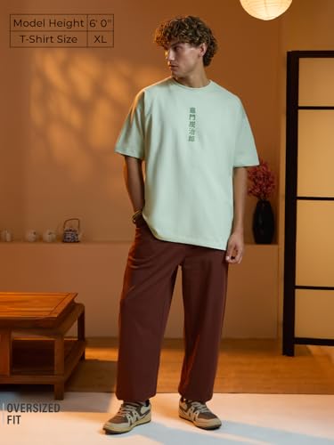 Image of The Souled Store Demon Slayer: Tanjiro Men and Boys Short Sleeves Round Neck Green Graphic Printed Cotton Lightweight All-Season Oversized T-Shirt