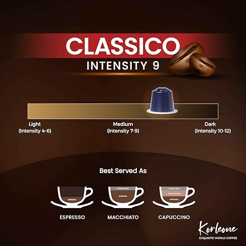 Image of KORLEONE Classico Aluminium Coffee Capsules 10 Pods (Pack of 1), Arabica Robusta Blend Intensity 9 Medium to Dark Roast Level Compatible With Nespresso Original Machine,70 G