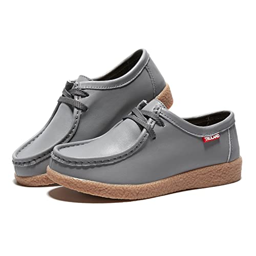 Image of TRULAND Leather Oxford Shoes for Women - Suede Lace Up Moc Toe Low Platform Flat Wallabees Shoes