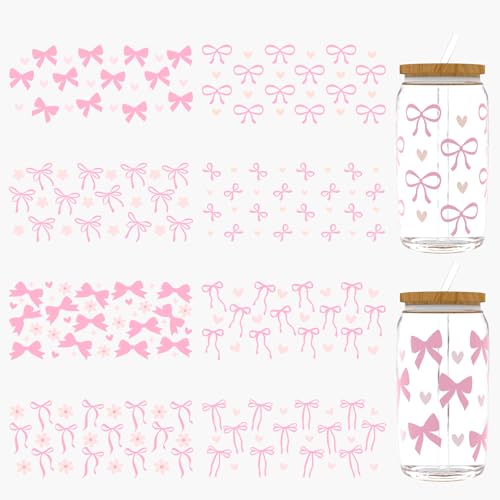 Dorsbaby UV DTF Cup Wraps, 8 Sheets for 16oz Glass Cups, Bow Pink Ribbon Clear Transfer Stickers for Tumblers and Bottles, Assorted Pattern Set