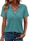 Cuptacc T-shirty z krótkim rękawem damskie topy z dekoltem w serek damskie letnie podstawowe luźne topy szykowne bluzki, Niebieski zielony, L