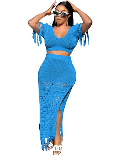Image of CALEBGAR 2 Piece Outfits for Women Sexy Crochet Tassel Split Midi Dress Summer V Neck Knitted Hollow Crop Tops Y2K Streetwear