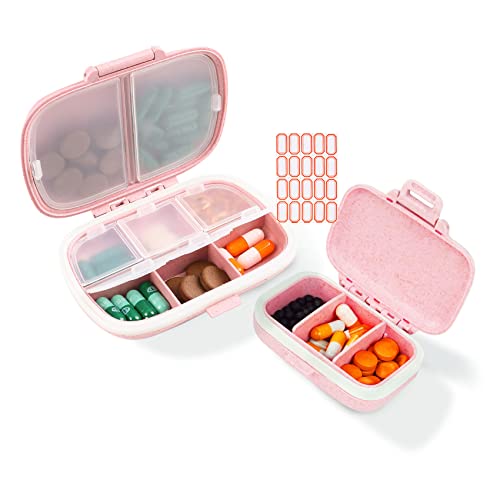 2 Pack Daily Pill Case Travel Pill Box with Label, Pink Drug Case Medicine Case, 3 & 8 Compartment Waterproof Purse Pill Case, Supplement Case Portable Case Medicine Container Compact for Pocket