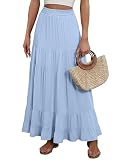 ANRABESS Womens Maxi Skirt Elastic High Waist Swing Tiered A-line Flowy Pleated Boho Beach Vacation Long Skirts Light Blue Medium