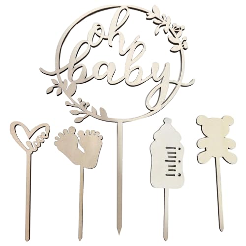 5 Stück Oh Baby Cake Topper,Holz Oh Baby Deko Tortendeko,Kuchen Topper Babyparty Tortendeko Cake Topper Holz,Kuchenstecker für Junge Mädchen Babys Shower Eine Windeltorte Gender Reveal Partydeko