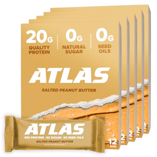 Image of Atlas Real Food Protein Bar - 20g Protein, 11g Fiber, 1g Sugar, No Seed Oils, No Artificial Sweeteners (Salted Peanut Butter, 60 Count)