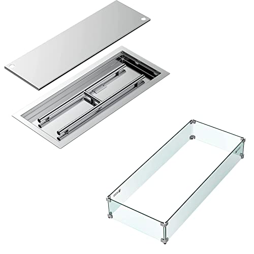 Skyflame Rectangular Stainless Steel Drop-in Fire Pit Pan and Burner with Burner Cover, Include 42