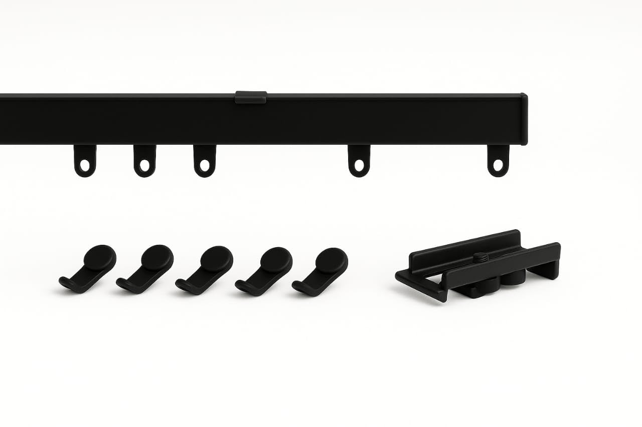 Fineline Curtain Track Ceiling Mounted Heavy Duty Aluminium Bendable Curtain Rails Tracks Set With 40mm Top (Ceiling) Fix Support (Black, 300cm)