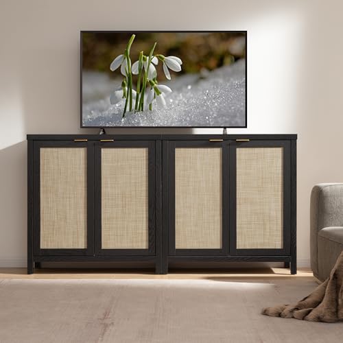 SICOTAS Sideboard Buffet Storage Cabinet - Boho Rattan Credenza Coffee Bar Cabinet with Large Storage, Farmhouse Console Buffet Table for Kitchen Living Room Entryway - 2 Black Pieces - Thumbnail 3