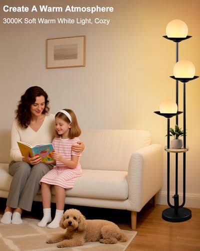 Image of Lightdot Globe Floor Lamp with Shelf 3-Lights Modern Dimmable Floor Lamps 3000K Warm White Bulbs Included Black Tall Standing Lamp with 5Lbs Heavy Base for Living Room /Bedroom /Sofa Beside /Corner Decor