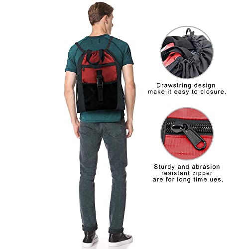Beegreen Black & Red Drawstring Backpack X-Large 18.5" X 15" Gym Bag With Inner Zipper Pocket For Men Women Waterproof Basketball Soccer Sport Bag W Mesh & Zipper Pocket Cinch Sack #TOP4