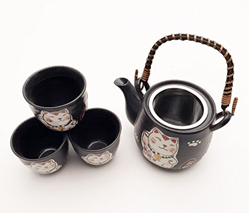 Japanese Lucky Cat Maneki Neko Tea Set Ceramic Teapot With Rattan Handle And 4 Tea Cups (Black) #TOP3
