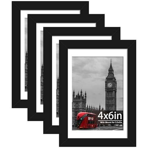 Tinkeps 4 Pack 6x4 Black Picture Frame Engineered Wood and Plexiglass 6x4 Frame with Mount for 3.5x5 inch Prints Photos and Posters Tabletop and Wall Mountable