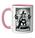 Witch Workout Fitness Deadlifting Hexes Flexes Tarot Card Ceramic Mug, Pink/White